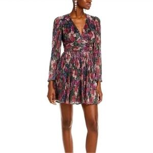 Aqua Crinkle Metallic Floral V-Neck Long Sleeve Mini Dress in Pink Multi Sz S